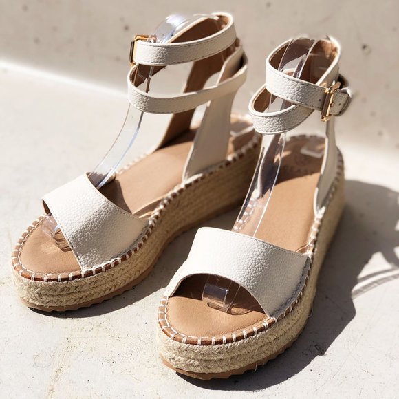 NEW Off White Ivory Ankle Wrap Lace Up Buckle Platform Espadrille Sandals Shoes - Picture 3 of 15